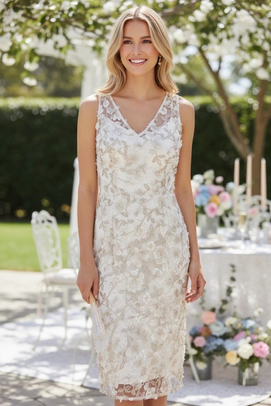 ADRIANNA PAPELL DRESS WHITE BRIDAL BRIDE EMBROIDERED FLORAL WEDDING ENGAGEMENT